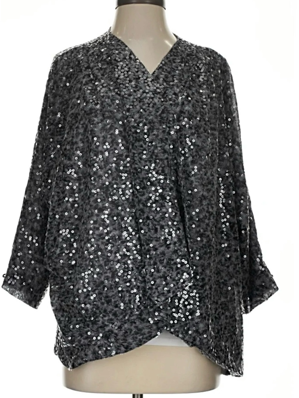 Sanctuary Grey Sequin Animal Print Open Kimono Jacket, Relaxed Fit, Size Medium